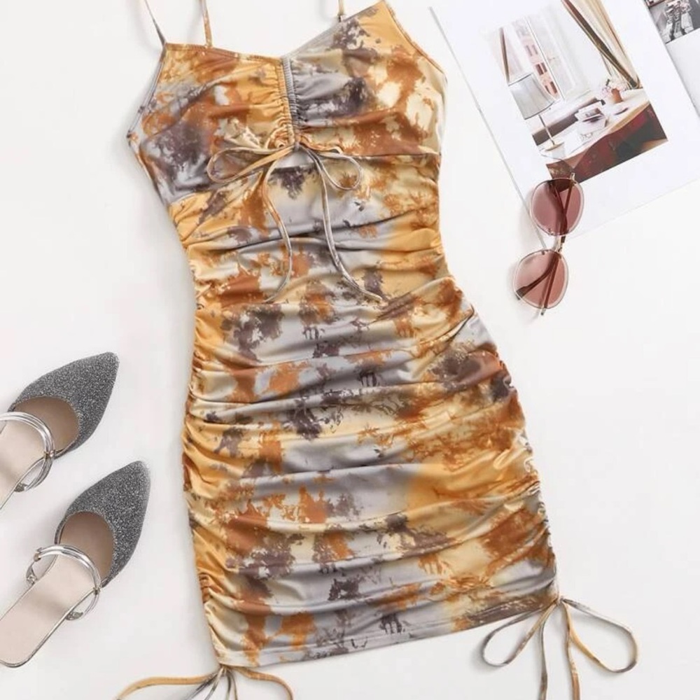 Ruched Drawstring Tie Dye Peekaboo Bodycon Dress